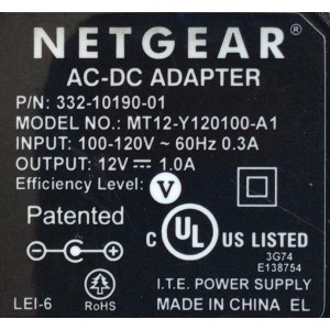 CARGADOR / ADAPTADOR DE FUENTE DE ALIMENTACION AC-DC NETGEAR / NUMERO DE PARTE 332-10190-01 / ENTRADA VCA 100-120V~ 60HZ 0.3A  / SALIDA VCD 12V 1.0A / MODELO MT12-Y120100-A1